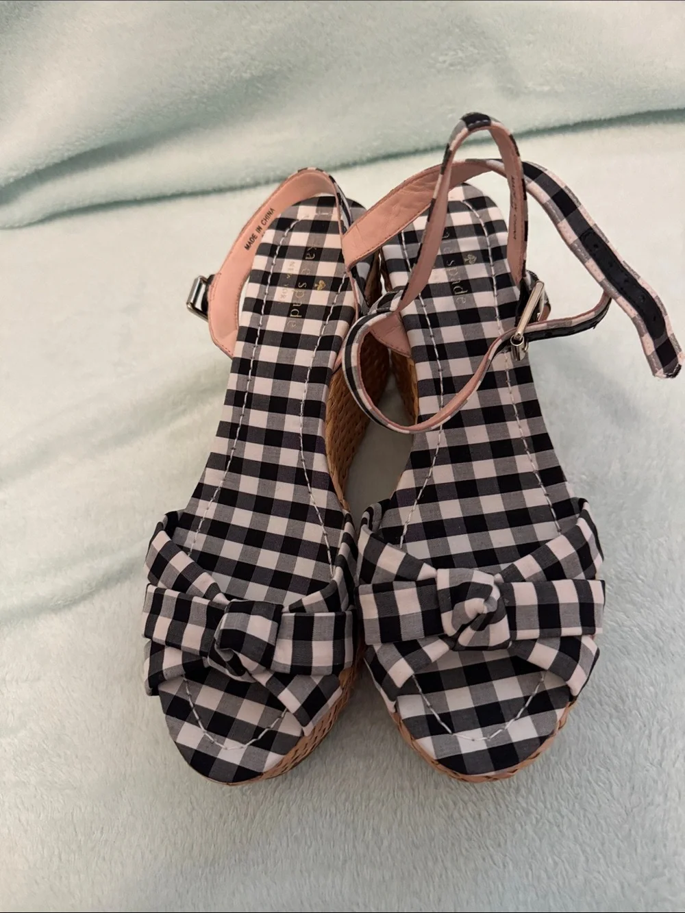kate spade Black and White Gingham Knot Espadrille Wedge Sandals